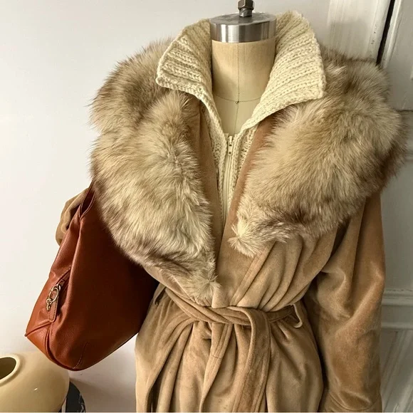 Camel Cashmere Maxi Trench Coat Long Belted Wrap Robe Winter Coat - Picture 5 of 15